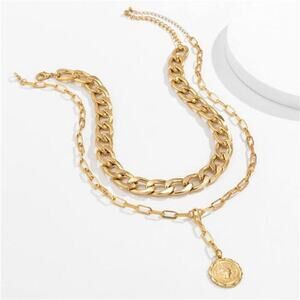 Women Gold Boho Cuban Chunky Necklace Layered Paperclip Chain with Coin Pendant